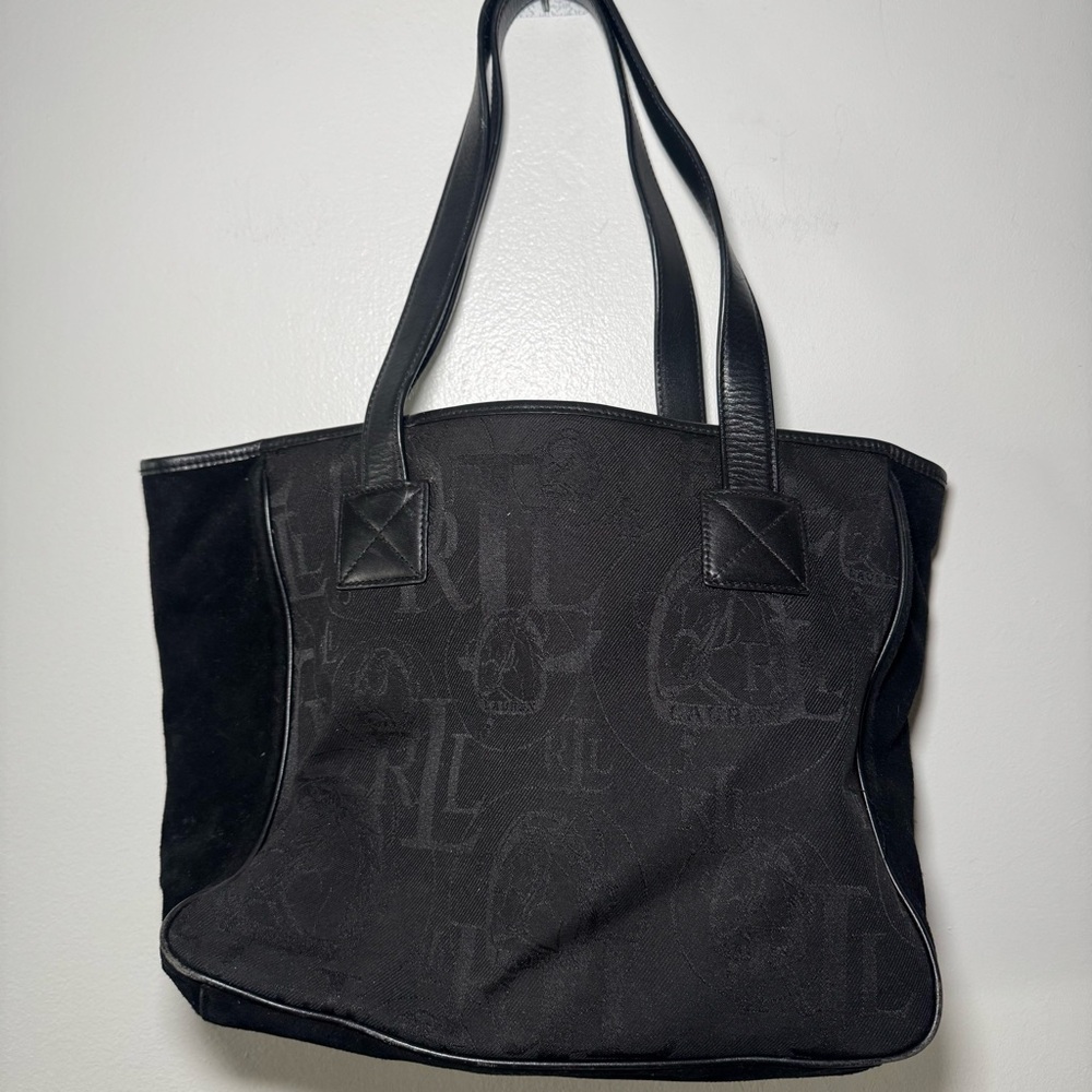 Women's Ralph Lauren Graphic Leather & Canvas Tote Designer Bag Black